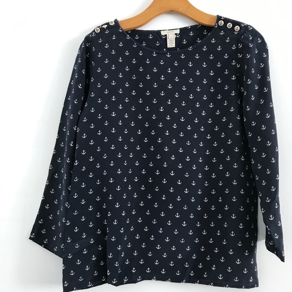 J Crew Silk Blouse Anchor Nautical Navy Blue Womens 6 - Picture 1 of 11
